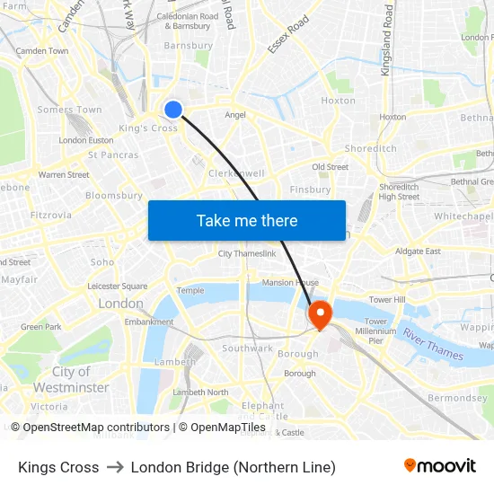 Kings Cross to London Bridge (Northern Line) map