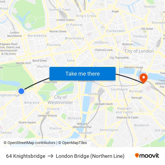 64 Knightsbridge to London Bridge (Northern Line) map