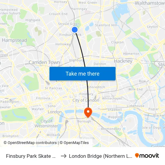 Finsbury Park Skate Park to London Bridge (Northern Line) map
