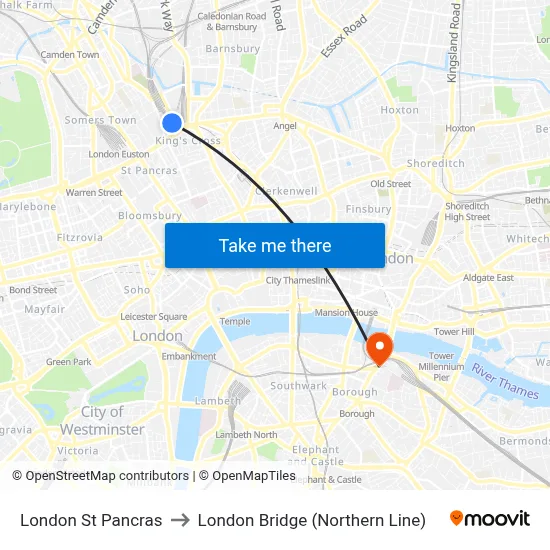 London St Pancras to London Bridge (Northern Line) map