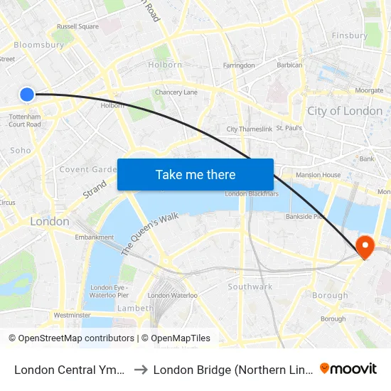 London Central Ymca to London Bridge (Northern Line) map