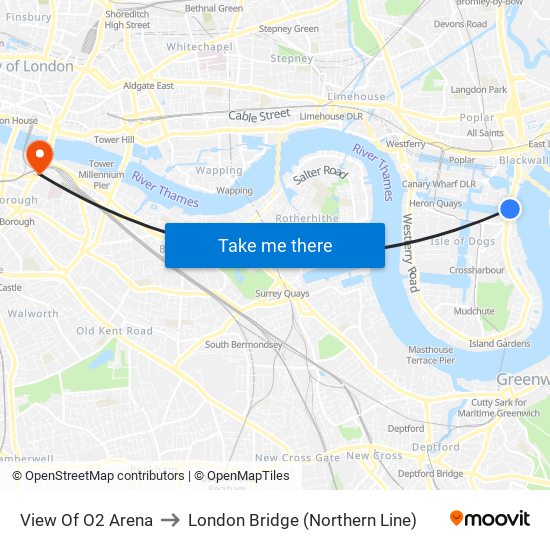 View Of O2 Arena to London Bridge (Northern Line) map