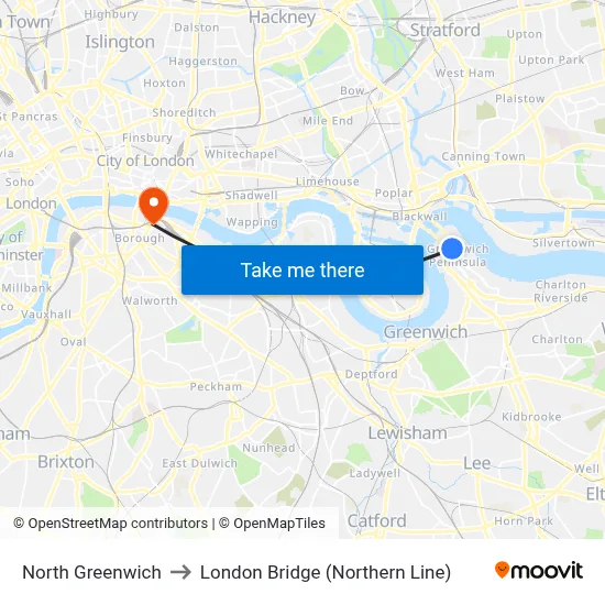 North Greenwich to London Bridge (Northern Line) map