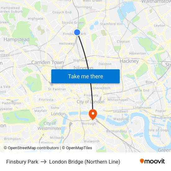 Finsbury Park to London Bridge (Northern Line) map