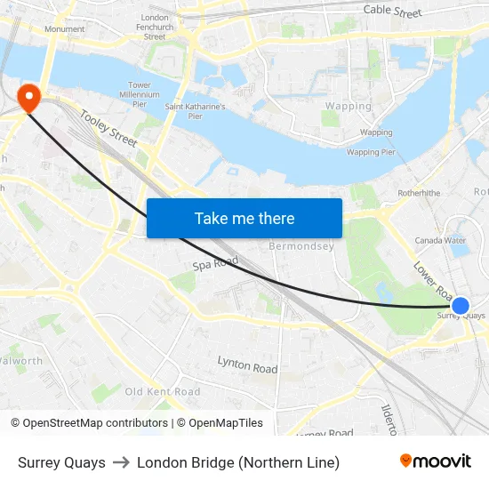 Surrey Quays to London Bridge (Northern Line) map