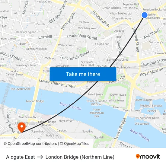Aldgate East to London Bridge (Northern Line) map
