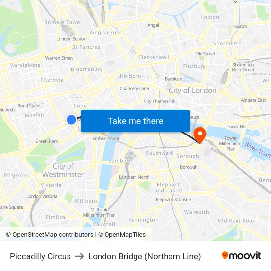 Piccadilly Circus to London Bridge (Northern Line) map