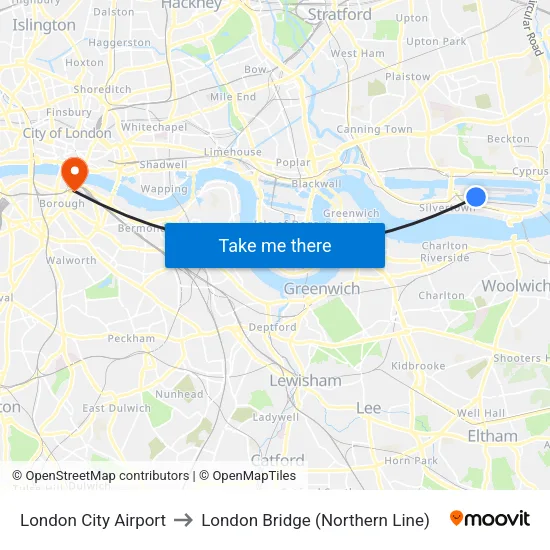 London City Airport to London Bridge (Northern Line) map