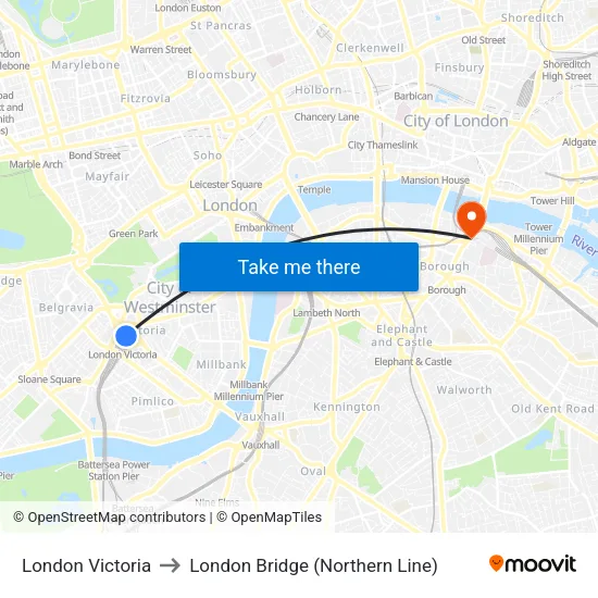 London Victoria to London Bridge (Northern Line) map