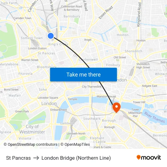 St Pancras to London Bridge (Northern Line) map