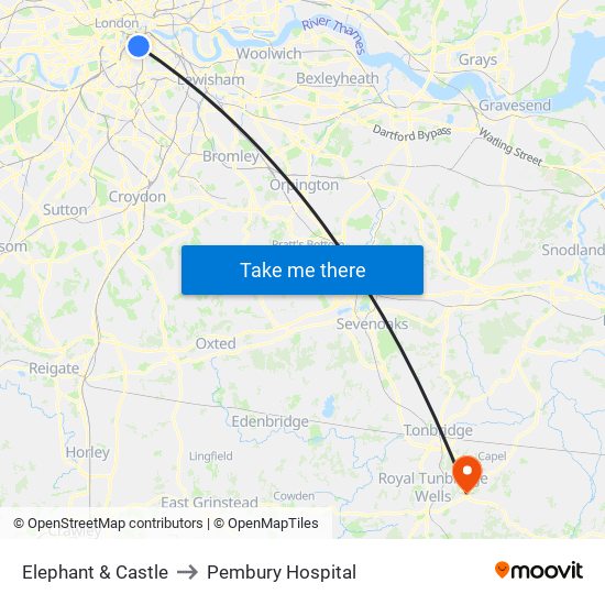 Elephant & Castle to Pembury Hospital map