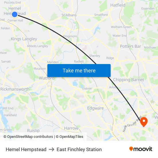 Hemel Hempstead to East Finchley Station map