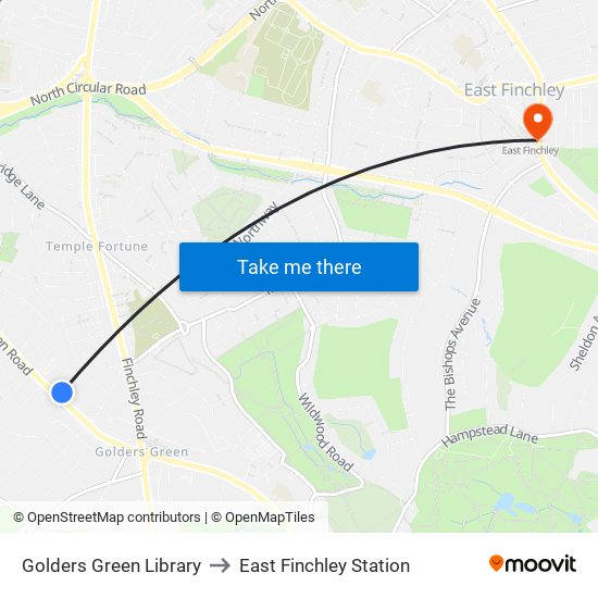 Golders Green Library to East Finchley Station map