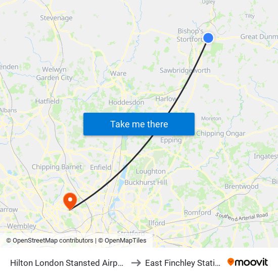 Hilton London Stansted Airport to East Finchley Station map