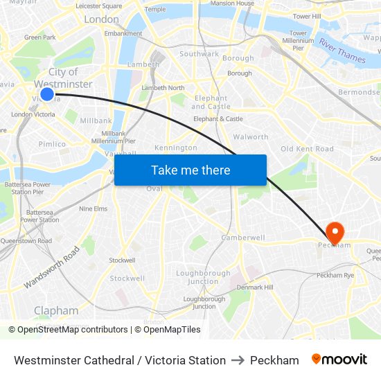 Westminster Cathedral / Victoria Station to Peckham map