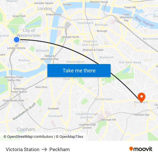 Victoria Station to Peckham map
