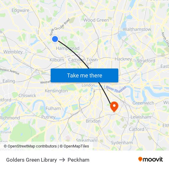 Golders Green Library to Peckham map