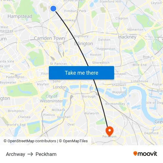 Archway to Peckham map