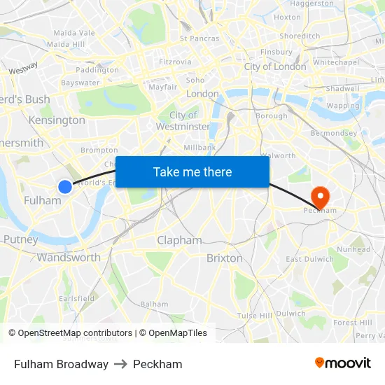 Fulham Broadway to Peckham map