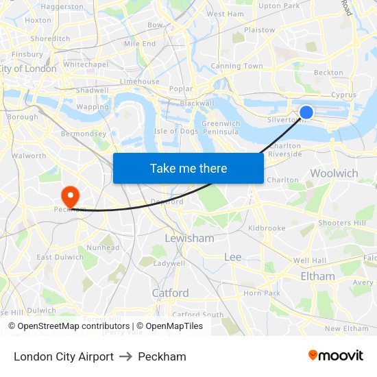 London City Airport to Peckham map