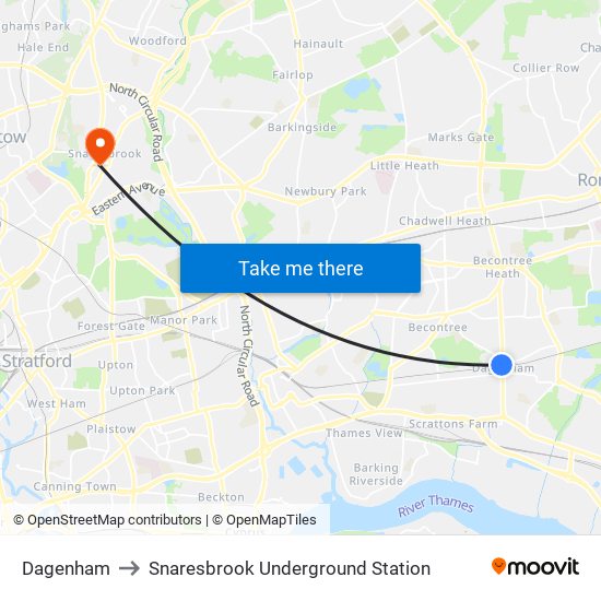 Dagenham to Snaresbrook Underground Station map