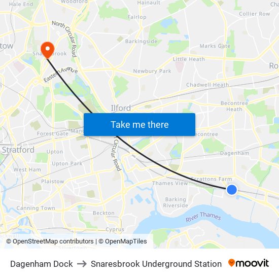 Dagenham Dock to Snaresbrook Underground Station map