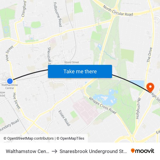 Walthamstow Central to Snaresbrook Underground Station map