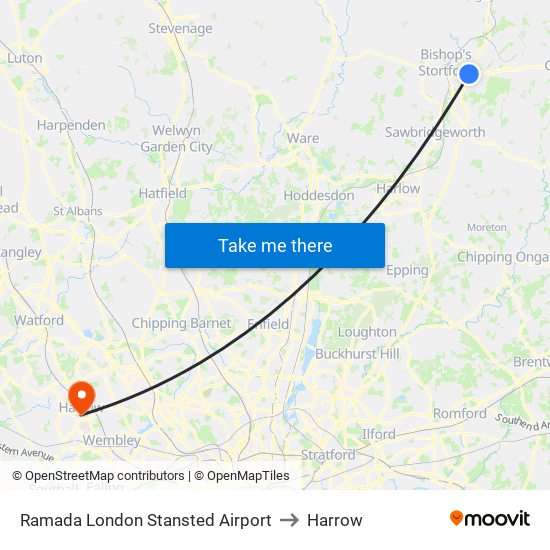 Ramada London Stansted Airtport to Harrow map