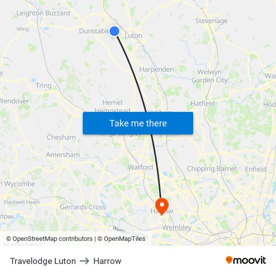 Travelodge Luton to Harrow map
