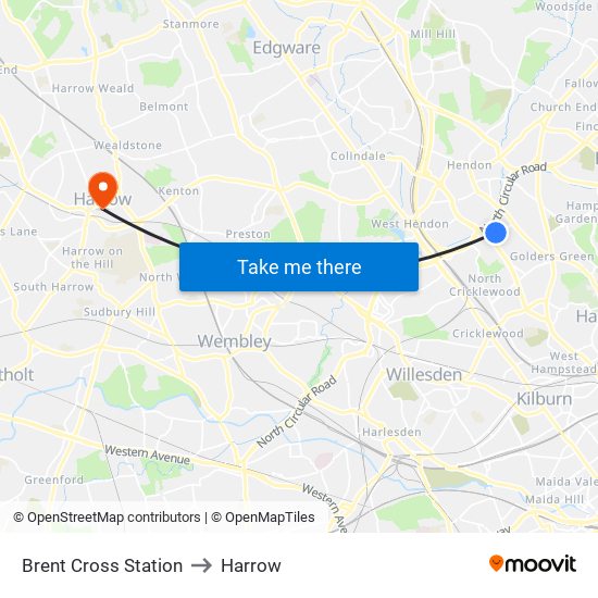 Brent Cross Station to Harrow map