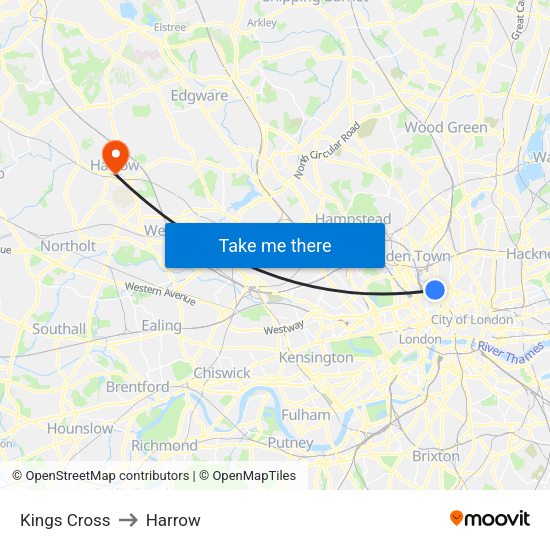 Kings Cross to Harrow map