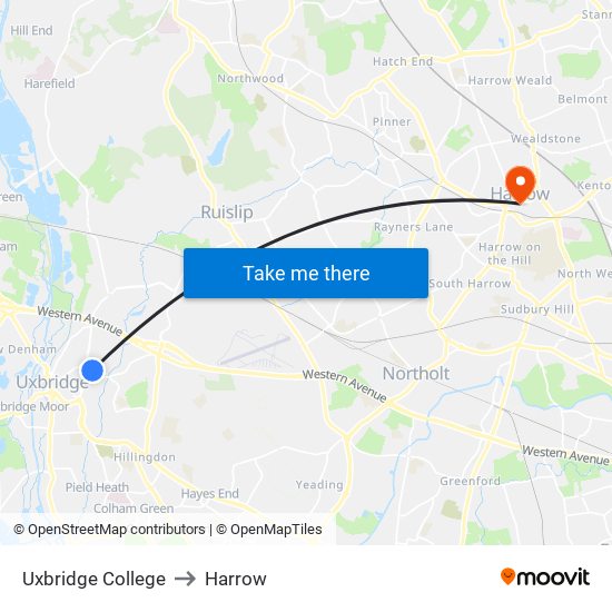 Uxbridge College to Harrow map