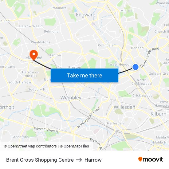 Brent Cross Shopping Centre to Harrow map