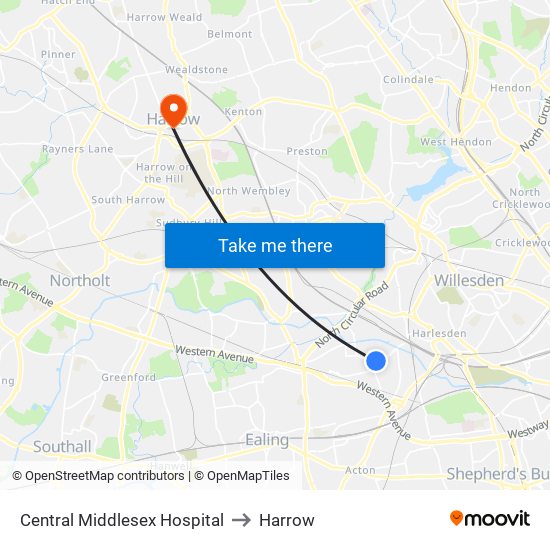 Central Middlesex Hospital to Harrow map
