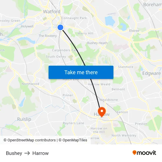 Bushey to Harrow map