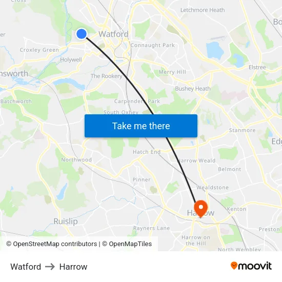 Watford to Harrow map