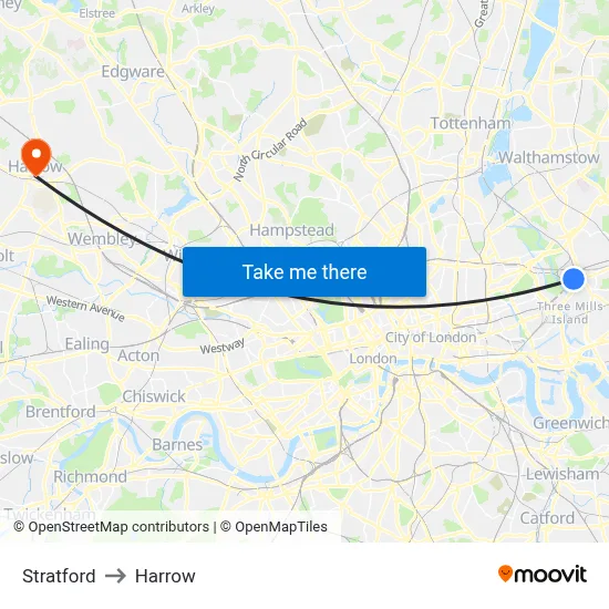 Stratford to Harrow map