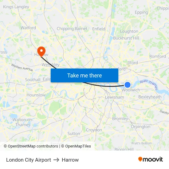 London City Airport to Harrow map