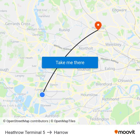 Heathrow Terminal 5 to Harrow map
