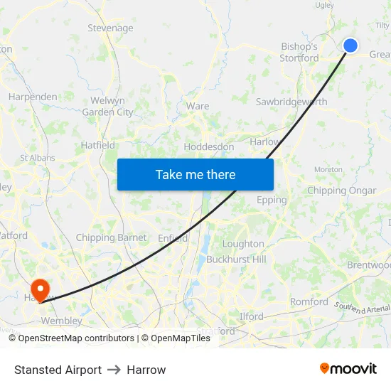 Stansted Airport to Harrow map