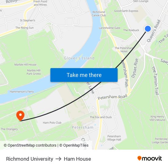 Richmond University to Ham House map