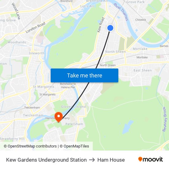 Kew Gardens Underground Station to Ham House map