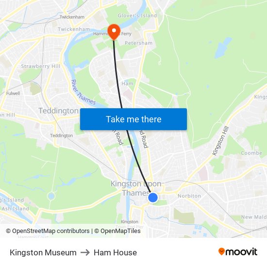 Kingston Museum to Ham House map