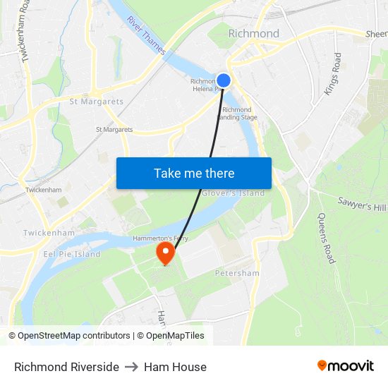 Richmond Riverside to Ham House map