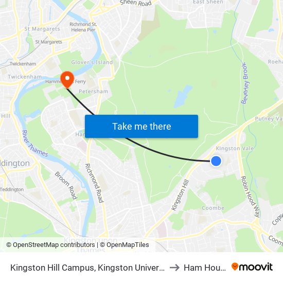 Kingston Hill Campus, Kingston University to Ham House map