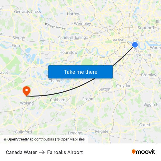 Canada Water to Fairoaks Airport map