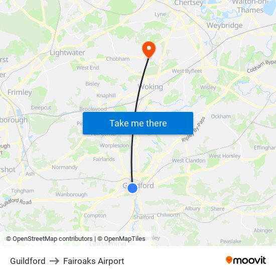 Guildford to Fairoaks Airport map