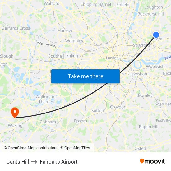 Gants Hill to Fairoaks Airport map