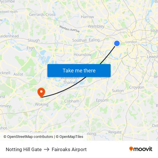 Notting Hill Gate to Fairoaks Airport map