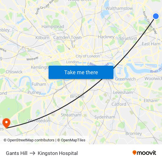 Gants Hill to Kingston Hospital map